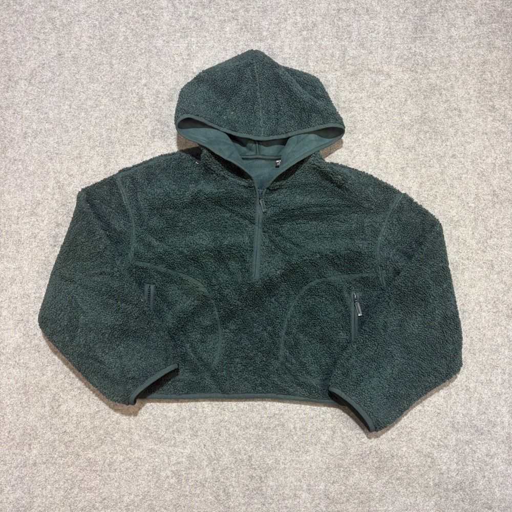 Uniqlo Pile Lined Fleece Hoodie Quarter Zip Forest Green Cropped Sherpa Medium